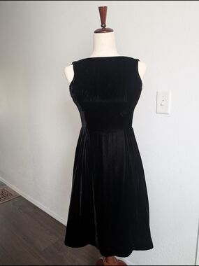 Vintage 50s Black Velvet Kimie Dress, Boat neck A-Line